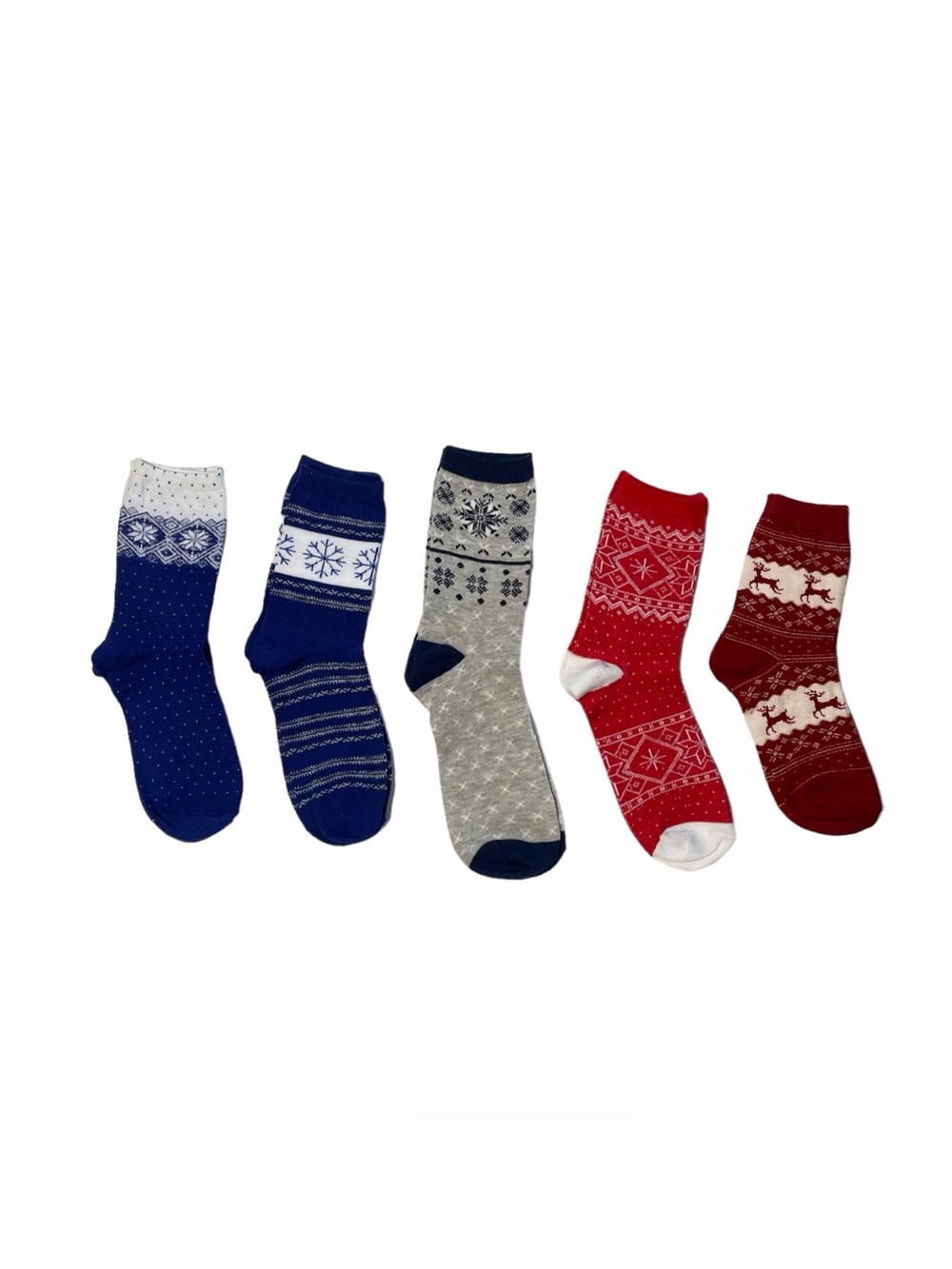 Girls Crew Socks Reindeer Snowflakes Blue Red White Five Pair Bundle